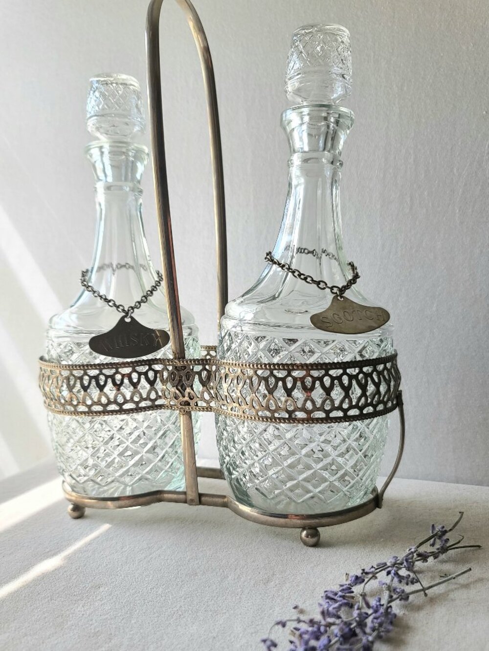 Vintage Cut-Glass Dual Decanter Set with Silver Caddy